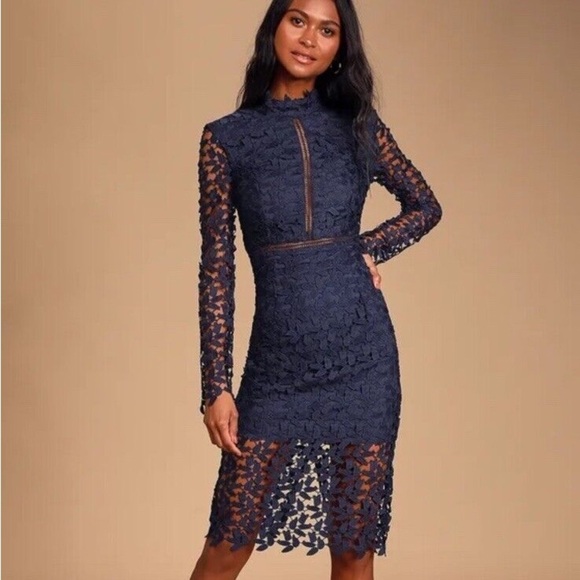 NWT Bardot Alberta Navy Lace Long Sleeve Open Back Midi Sheath Dress Size 8 - Picture 2 of 14
